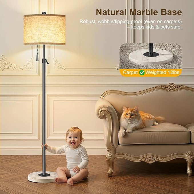 FUNNYBEHOM Floor Lamp for Living Room - Adjustable Height Standing Lamp with Marble Base & Linen Shade - Tall Pole Floor Light with 3 Color Temperatures Bulb for Bedroom, Reading - Easy Assembly