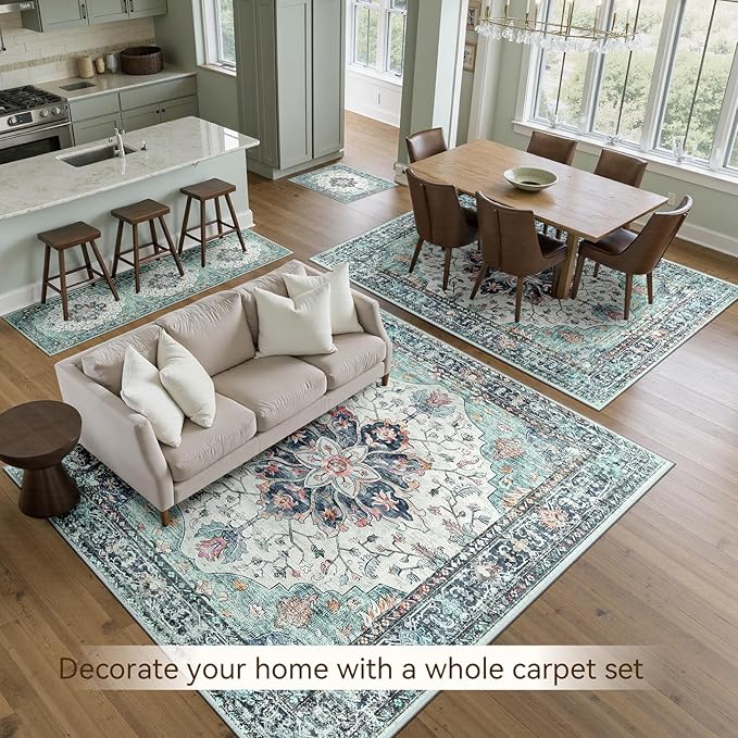 RELEANY Area Rugs 2'x8' Washable Non-Slip, Floral Vintage Distress Print Pattern Medallion Carpet for Living Room Bedroom Dining Room, Green Navy Blue White Red Teal Colorful