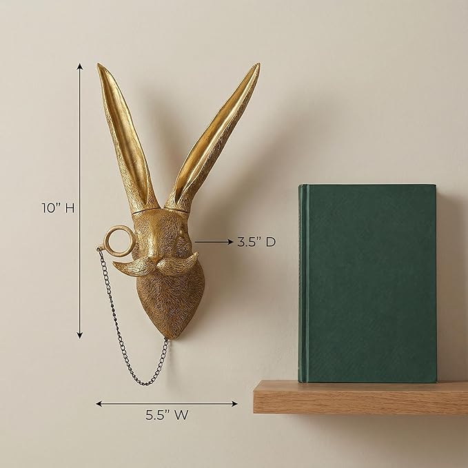 Juedawyal Gold Animal Head Wall Decor – Golden Rabbit Head with Monocle, 10” Resin Scholarly Animal Wall Sculpture