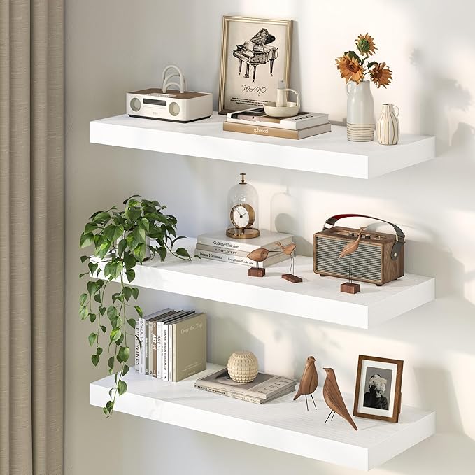 32Inch White Floating Shelves for Wall, 12 Inch Deep Shelves for Bedroom, Kitchen, Bathroom Wall Mounted, Rustic Wood Floating Shelf with Invisible Brackets for Books, Storage, Decor, 2 Packs