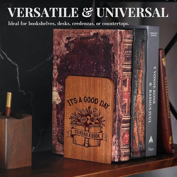 Book Lovers Gifts, Novelty Bookends Unique, Gifts for Book Lovers, Heavy Duty Wooden Book Ends for Shelves Decorative(1 Pair, 4.72x6.69 Inches) - Good Day