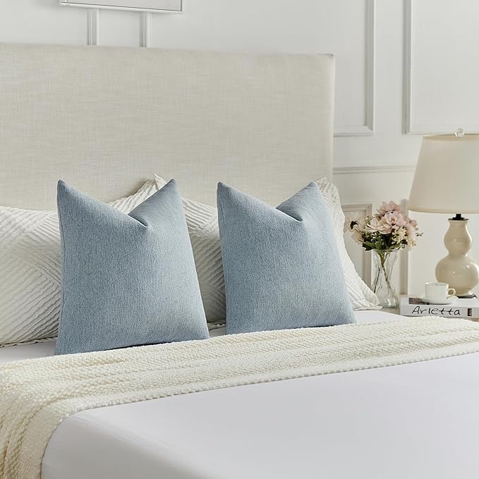 FUTEI Denim Blue Chenille Decorative Throw Pillow Covers 24x24 Inch Set of 2,Soft Cozy Faux Linen Textured European Pillow Shams,Farmhouse Home Decor for Couch Living Room
