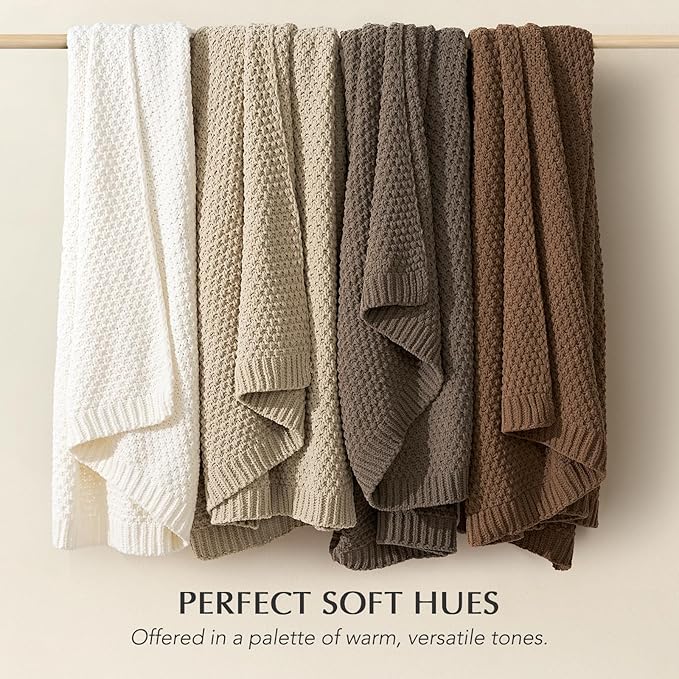 EVERGRACEHOME Chunky Chenille Knit Throw Blanket for Couch, Soft Luxurious Moss Stitch Blankets for Bed, Cozy Decorative Farmhouse Knitted Throws for Sofa, Camel Brown, 50" x 60"