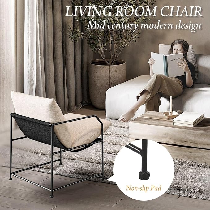 Accent Chair Living Room Chairs Comfy Reading Chair for Bedroom Upholstered Lounge Chair Mid Century Modern Arm Chair Sling Accent Chairs for Living Room Side Sofa Chair Fabric Armchair(Cream, 1)