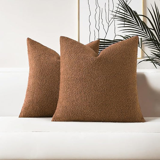 HAUSSY Set of 2 20x20 Decorative Throw Pillow Covers, Soft Cozy Textured Boucle Couch Cases, Home Decor for Couch Bed Living Room, Tobacco