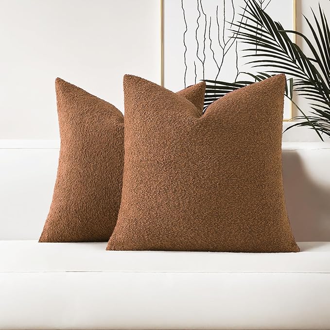 HAUSSY Set of 2 26x26 Decorative Throw Pillow Covers, Soft Cozy Euro Pillow Shams Textured Boucle, Home Decor for Couch Bed Living Room, Tobacco