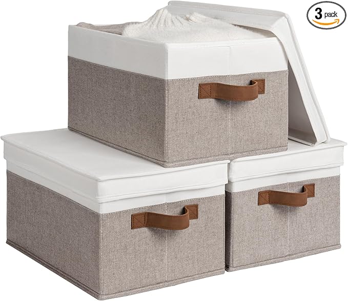 StorageWorks Storage Bins with Lids, Decorative Storage Boxes with Lid and PU Handles, Foldable Storage Baskets for Closet, Shelves, Stackable, Brown and White, 3-Pack