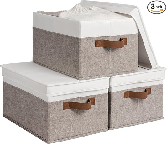 StorageWorks Storage Bins with Lids, Decorative Storage Boxes with Lid and PU Handles, Foldable Storage Baskets for Closet, Shelves, Stackable, Brown and White, 3-Pack