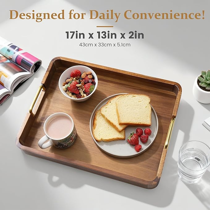 Acacia Wood Serving Tray with Metal Handles  – 17x13in Rustic Decorative Ottoman & Coffee Table Tray for Breakfast in Bed, Dinner, Bar, Kitchen, Home Décor & Entertaining
