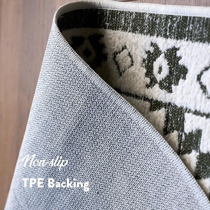 RAMEFILD Moroccan Washable Runner Rug 2x8, Geometric Woven Area Rug, Farmhouse Boho Hallway Rug Runner, Non-Slip Soft Lightweight Throw Rug for Bedroom Living Room Laundry Kitchen, Olive Green/White