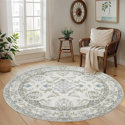 Dotiiorug Round 6Ft Washable Area Rug,Vintage Floral Low Pile Non Slip Carpet Non-Shedding Rug Soft Stain Resistant Mat for Living Room Bedroom Beige and Sage Green