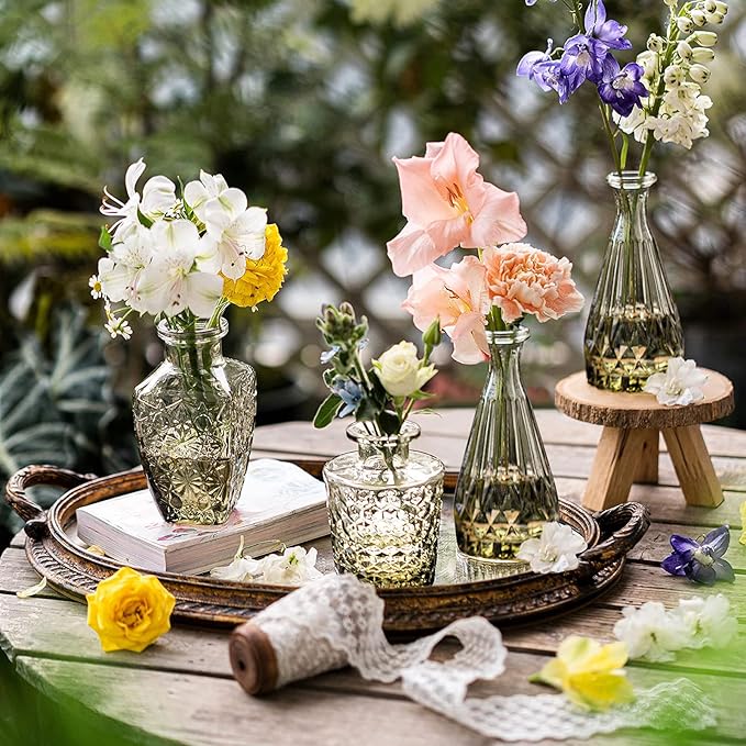 Inbagi 20 Pcs Glass Bud Vase Set - Green Small Flower Vases Bulk, Vintage Embossed Decorative Bottles for Wedding Valentine Home Table Centerpieces Decor