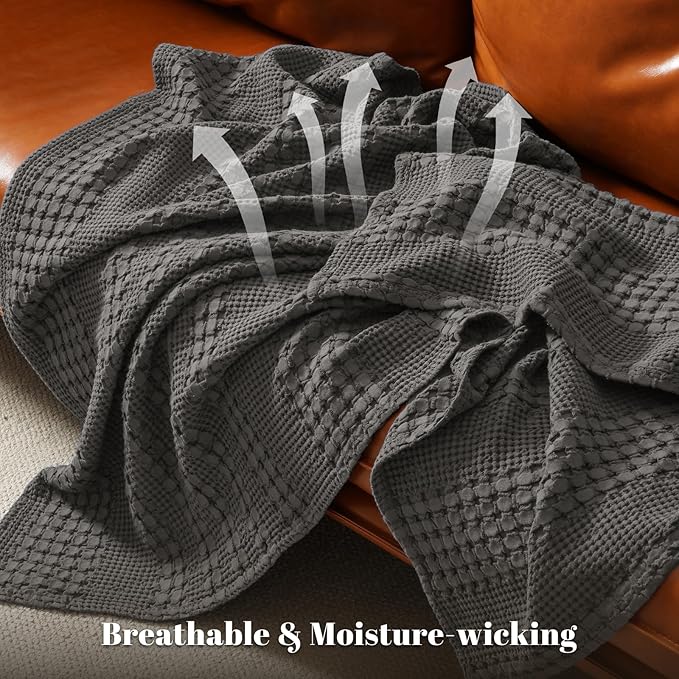 PHF 100% Cotton Waffle Weave Blanket Queen Size for Bed, Soft Lightweight & Breathable, All-Season Comfort, 300 GSM Luxury Aesthetic Blanket for Home Decor, 90"x90", Charcoal Grey