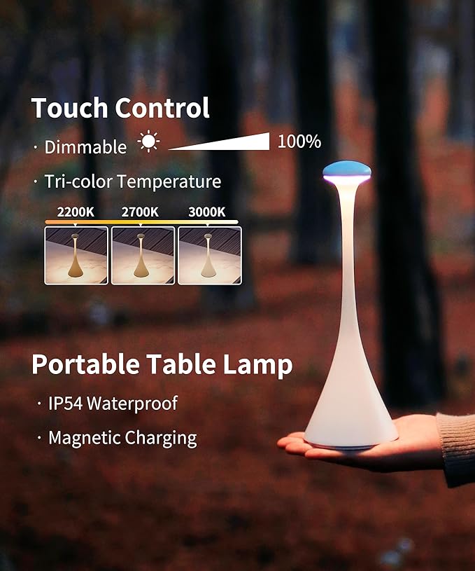 Retro Cordless Table Lamp - Pinup, Beside Touch Lamp with Magnetic Charging, Dimmable & Adjustable Lighting - Rechargeable LED Lamp for HoReCa, Bedroom, Living Room, Outdoor Use (White)