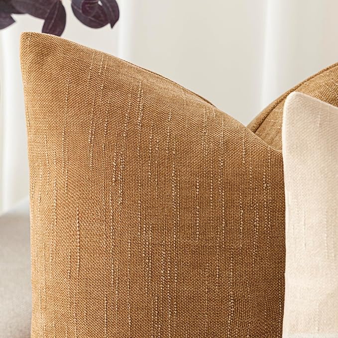 Foindtower Set of 2 Textured Chenille Throw Decorative Pillow Covers Square Accent Solid Cushion Cover Neutral Farmhouse Lumbar Pillow Case for Couch Sofa Bedroom Living Room 12x20 Inch,Golden Brown