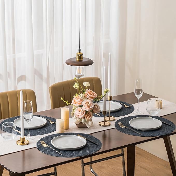 Jovono 15" Faux Leather Big Round Placemats Set of 4 - Washable Heat Resistant Non-Slip Dining Table Mats with Fabric Texture for Kitchen Home Party Decor, Blue