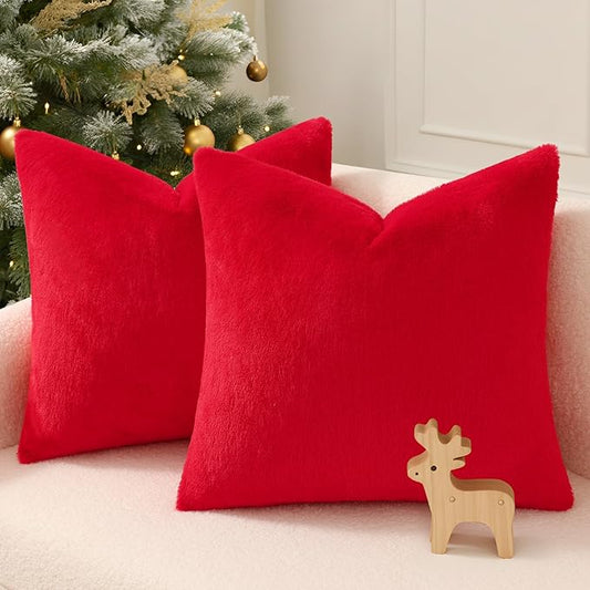 Pallene Faux Fur Plush Christmas Throw Pillow Covers 20x20 Set of 2, Soft Fluffy Couch Pillow Covers for Living Room, Red