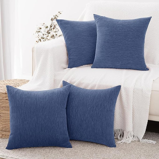 Set of 4 Navy Blue Throw Pillow Covers 20x20 Inch, Neutral Boho Farmhouse Aesthetic Decorative Pillow Cases for Couch, Sofa, Living Room & Bed, Soft Chenille Pillow Cases, Stylish Home Decor, 50x50 cm