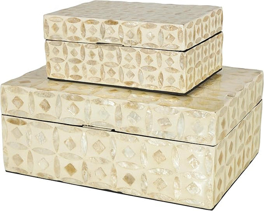 Deco 79 Mother of Pearl Shell Decorative Box Mosaic Storage Decorative Keepsake Boxes with Taupe Accents, Set of 2 Storage Boxes 12", 8"W, Beige