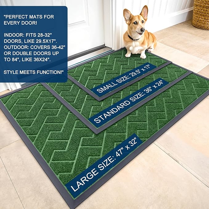 OLANLY Front Door Mat Indoor Outdoor Entrance, Waterproof All-Season, All-Weather Doormat, Sturdy Natural Rubber, Low Profile, Easy Clean Patio Porch Entryway Mat, Herringbone Brick (Green, 71x23)