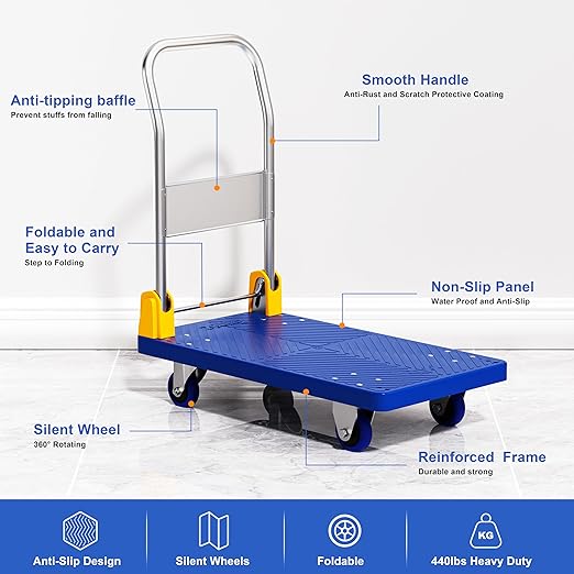 Flat Push Cart Dolly, Foldable Flat Bed Cart,Platform Cart Truck with 4 Wheels,440lb Weight Capacity Folding Platform Truck with Handle for Moving and Loading,360 Degree Swivel,(Blue)