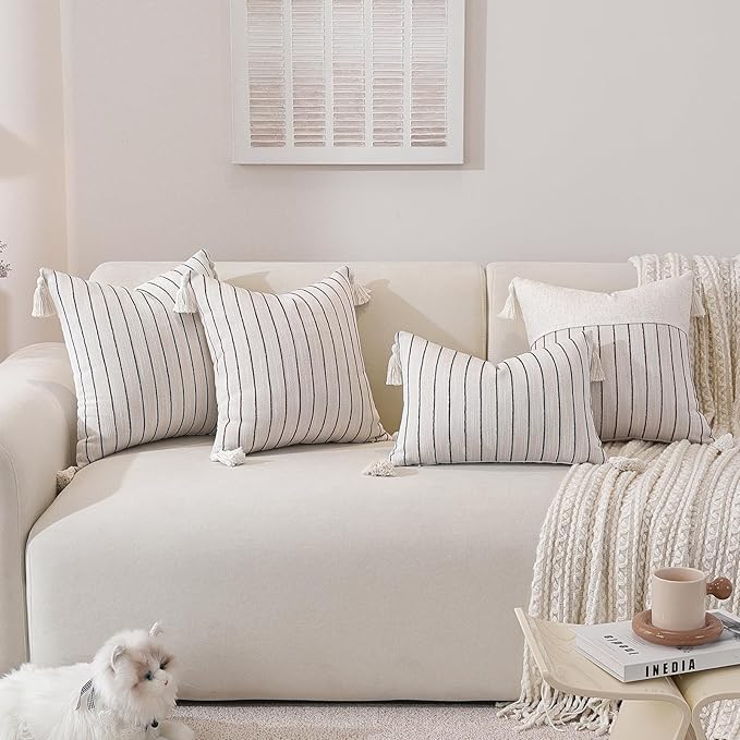 QDTTSRY Boho Throw Pillow Covers 20x20 Inch Set of 2, Textured Linen Striped Square Pillow Covers with Tassels, Soft & Cozy Farmhouse Décor Pillow Cases for Sofa Couch Bed Living Room, Green