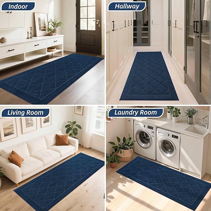 BEQHAUSE Dirt Trapper Door Mat 32" x 72", Doormat Non-Slip Entryway Rugs Washable, Dog Door Mat Stain Resistant and Absorbent Welcome Floor Mat for Front Back Door, Mud Wet Shoes & Paws, Navy Blue