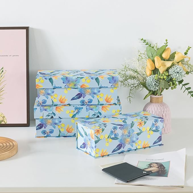 Soul & Lane Blue and Yellow Decorative Storage Boxes with Lids - Set of 3 - Sunlit Garden Delight: Floral Memory Keepsake Boxes with Magnetic Closure, Cardboard Storage for Photos, Organizing, Gifts