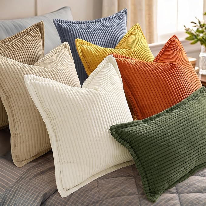 decorUhome Spring Corduroy Olive Green Euro Sham Throw Pillow Covers 24x24 Set of 2 Decorative Soft Boho Farmhouse Couch Pillow Covers for Living Room Bed Sofa Broadside Striped Pillow Cases