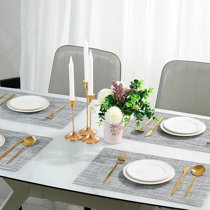 Placemats Set of 6，Non-Slip PVC Weave Table Mats Easy to Clean，Heat Resistant Place Mats for Kitchen Dining Table Decoration Indoor Outdoor，Gray