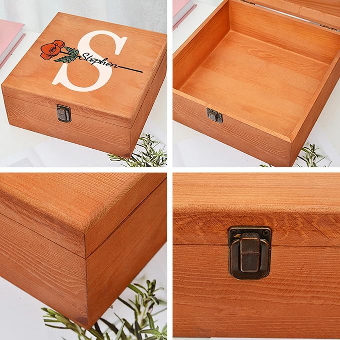 Personalized Wooden Keepsake Memory Box with Birth Flower & Name, Custom Wood Decorative Storage Box with Lids Customized Christmas Gift Box for Women Teen Girls Mom Birthday Gifts