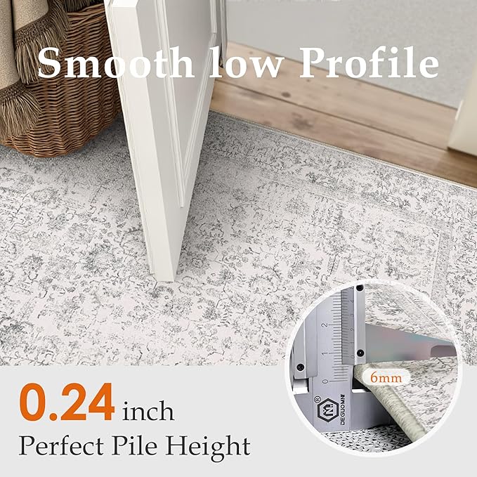 PureCozy Gray Runner Rug 2x7 Hallway Machine Washable Kitchen Vintage Distressed Non Slip Long Carpet Indoor Grey Retro Floral Bedroom Accent Throw Rug for Bathroom Office Laundry Dining Living Room