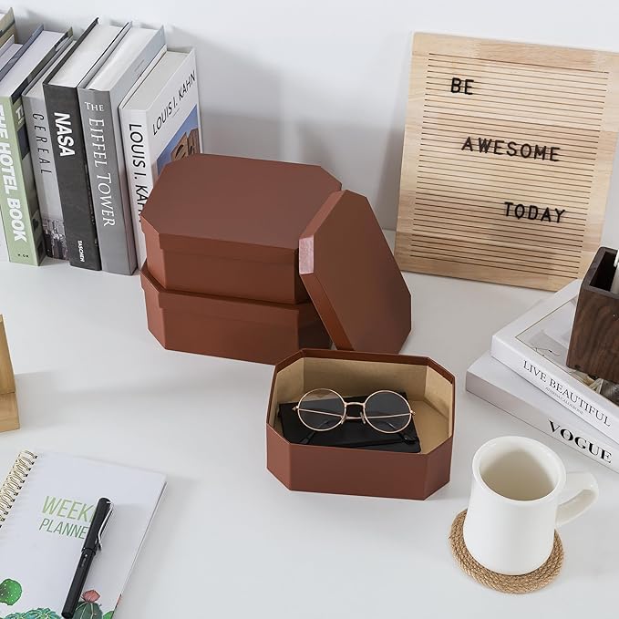Soul & Lane Octagon Vegan Leather Decorative Boxes in Light Brown, Set of 3 Unique Durable Nesting Cardboard Storage Memory Boxes for Organizing, Keepsakes, Gifts