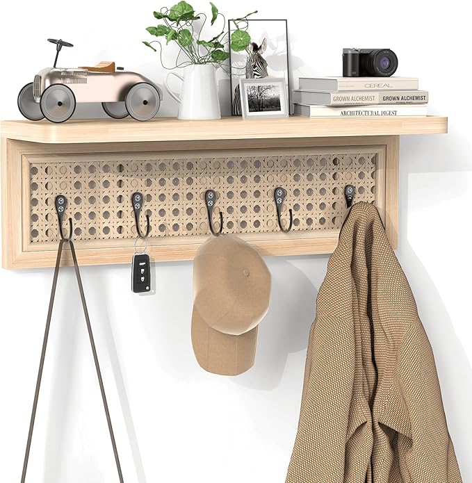 Homode Coat Rack Wall Mount with Shelf, Boho Rattan Entryway Wall Shelf with Hooks, Natural Wood Floating Shelves with 5 Pegs, Hanging Coat Hooks Hat Hanger for Nursery Bedroom Living Room Kitchen