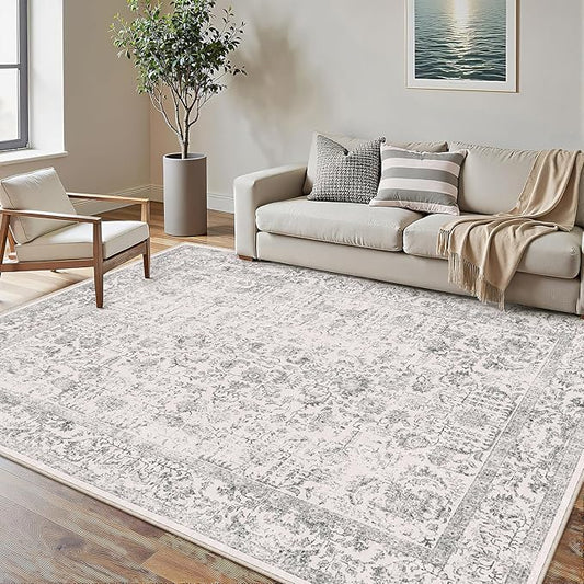 PureCozy Gray Area Rug 5x8 Machine Washable Vintage Living Room Distressed Non Slip Carpet Traditional Indoor Bedroom Grey Retro Floral Accent Throw Large Rug for Office Kitchen Bathroom Dining Room