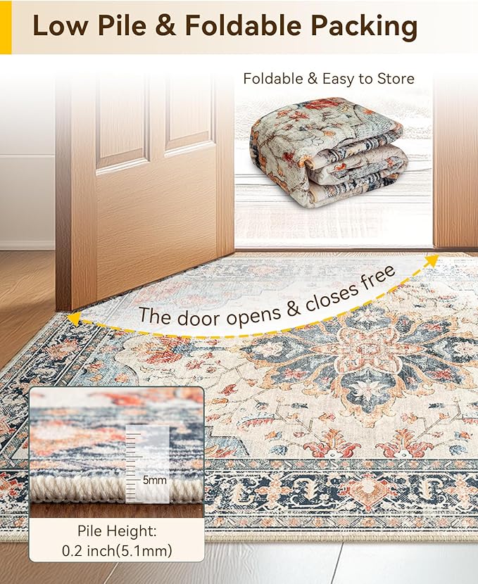 RELEANY Area Rugs 6ft Washable Non-Slip, Floral Vintage Distress Print Pattern Medallion Carpet for Living Room Bedroom Dining Room, Beige Navy Blue Orange Colorful