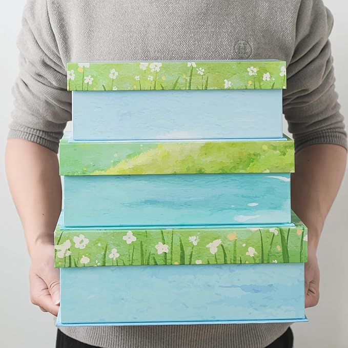 Soul & Lane Watercolor Decorative Storage Boxes with Lids - Set of 3 - Lakeside Meadow Whisper: Floral Memory Keepsake Boxes with Magnetic Closure, Cardboard Storage for Photos, Organizing, Gifts