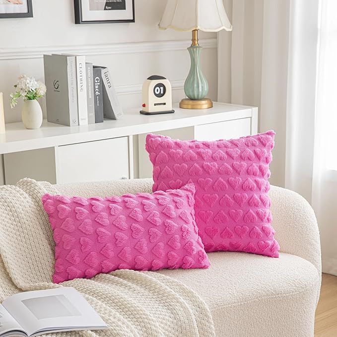 AQOTHES Set of 2 Heart Love Cute Hot Pink Decorative Valentines Throw Pillow Covers 18x18, Soft Plush Faux Fur Pillow Covers for Couch Sofa Home Valentines Day Decoration