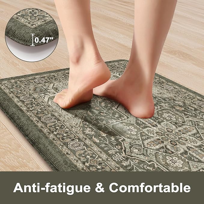 KIMODE Kitchen Mats Cushioned Anti Fatigue, Boho Distressed Kitchen Rugs Sets of 2, Non Slip Kitchen Floor Mat, Comfort Standing Mat for Laundry, Office, Sink, Desk Dark Green 17"x59"+17"x29"