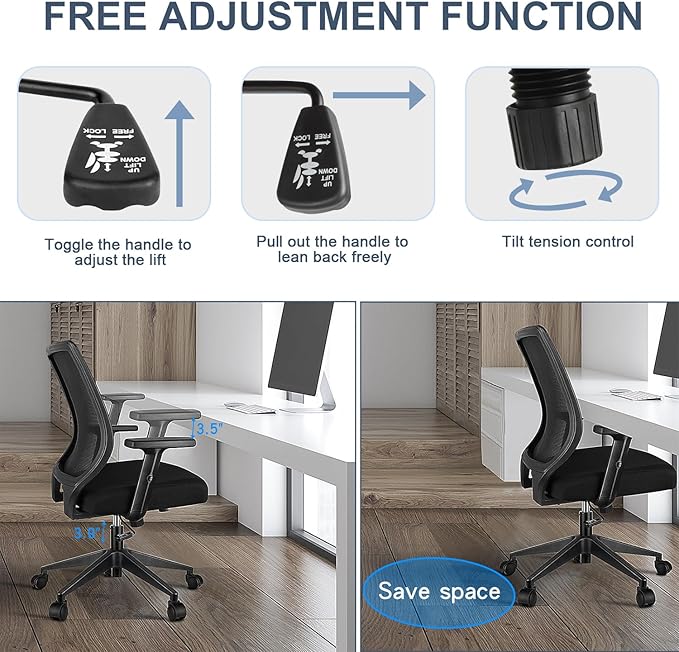 Schwake Ergonomic Office Chair Home Mesh Desk Chair with Adjustable Arms - Mid Back Computer Chairs for Adults - Swivel Task Chair Comfortable for Home Office (Black)