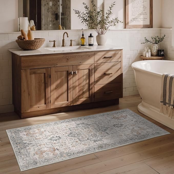 BESBLEE Runner Rug 2'6''x5 Non Slip Machine Washable Vintage Hallway Runner Rug, Low Pile Lightweight Rugs for Entryway, Hallway, Kitchen and Corridor, Light Taupe Brown