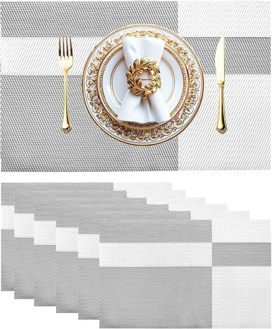 Placemats Set of 6 Vinyl Washable Placemats, 18"x12" Wipeable Heat-Resistant Non-Slip Easy Clean Table Mats Ideal for Dining Table Table Runner and Outdoor (6, White Square)