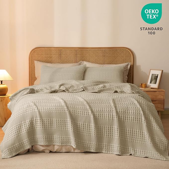 PHF 100% Cotton Waffle Weave Blanket Queen Size for Bed, Soft Lightweight & Breathable, All-Season Comfort, 300 GSM Luxury Aesthetic Blanket for Home Decor, 90"x90", Khaki