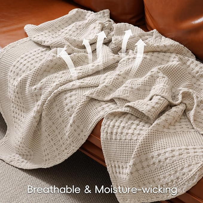 PHF 100% Cotton Waffle Weave Blanket Queen Size for Bed, Soft Lightweight & Breathable, All-Season Comfort, 300 GSM Luxury Aesthetic Blanket for Home Decor, 90"x90", Oatmeal