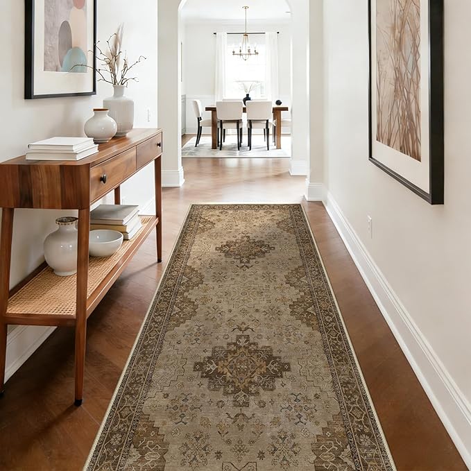 GENIMO 2'6''x6 Runner Rug,Machine Washable Non-Slip Vintage Rugs,Low Pile Lightweight Carpet for Bedroom,Hallway,Entryway,Kitchen,Bathroom,Brown