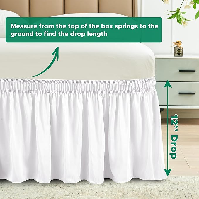 Biscaynebay Wrap Around Bed Skirts for Full & Full XL Beds with Short Drop of 12", White Adjustable Elastic Dust Ruffles Easy Fit Wrinkle Resistant Silky Luxurious Fabric Machine Washable