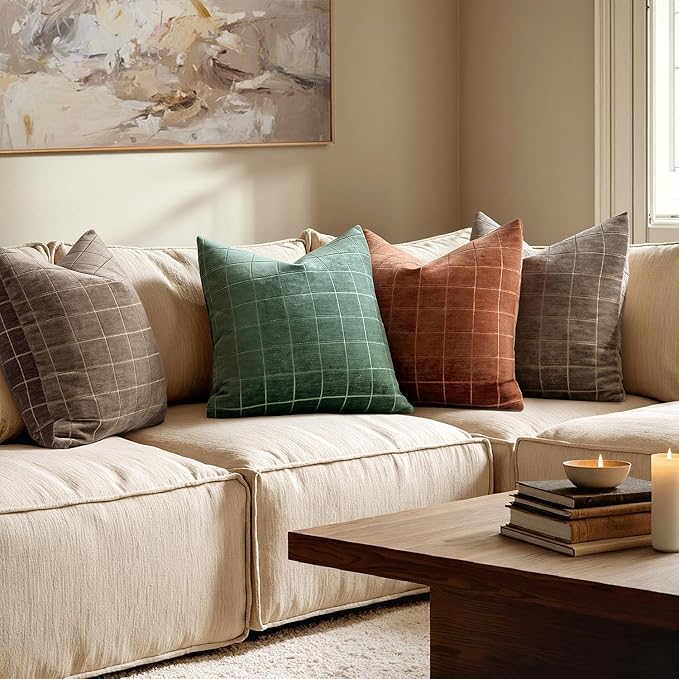 MIULEE Decorative Chenille Check Throw Pillow Covers Vintage Plaid Couch Pillows 20x20 Inch Set of 2 Neutral Boho Farmhouse Cushion Covers Modern Home Decor for Sofa Bed Living Room Burnt Orange