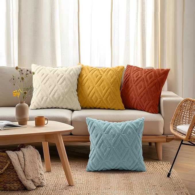 decorUhome Pack of 4 Faux Fur Throw Pillow Covers 16x16, Soft Decorative Couch Pillow Covers with Velvet Back for Modern Sofa Living Room, Yellow/Rust
