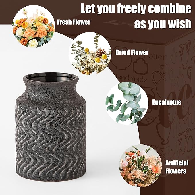 Rustic Vases for Home Decor. Ceramic Vase for Dining Table Decor. Terracotta Decorative Vase - 7.8inch Black Vintage Fall Flower Vase - Rustic Table Vases
