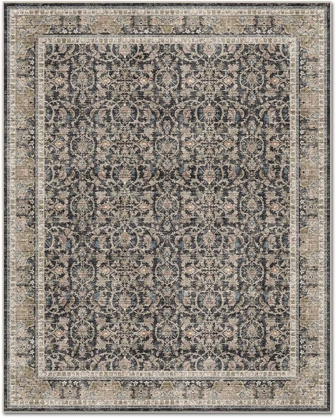 Washable 6x9 Area Rugs for Living Room, Boho Non-Slip Vintage Distress Large Rugs for Bedroom Dining Room Nursery Office, 0.3" Neutral Oriental Throw Thin Carpet, Black/Brown/Blue/Multi